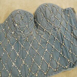 Crystal Studded Denim Bra Bustier With Lace-Up Back
